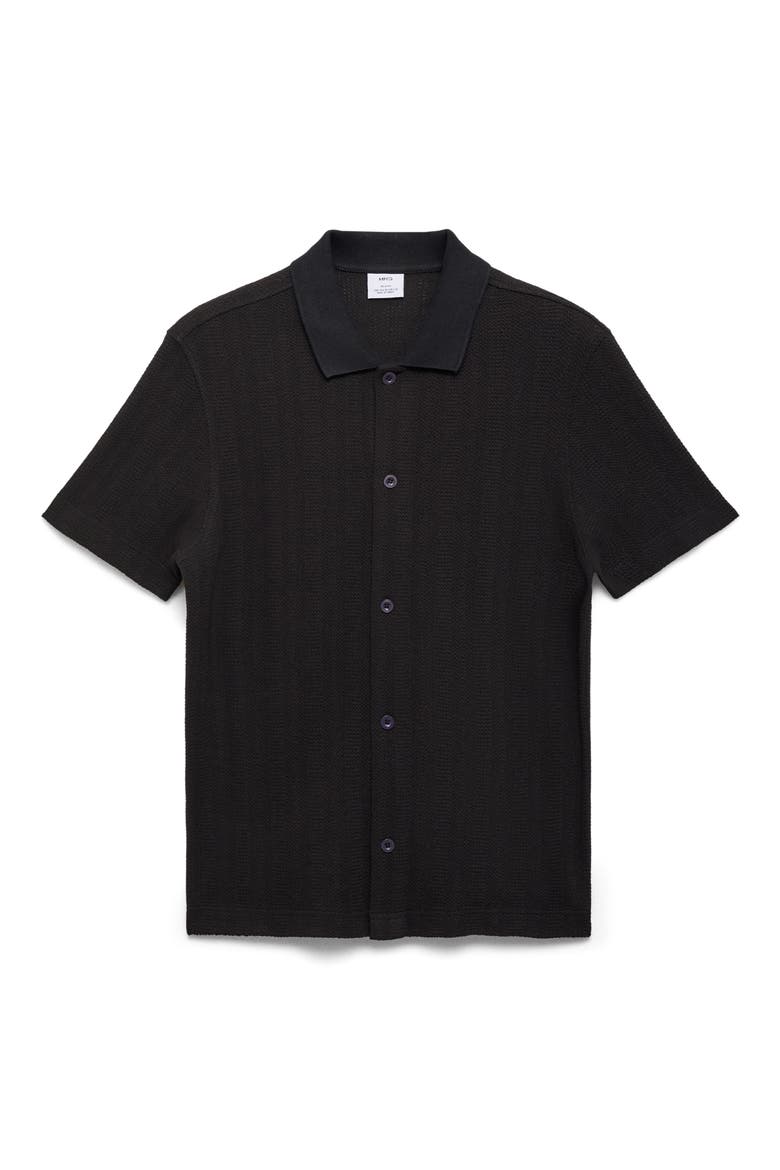Short Sleeve Structured Knit Button-Up Shirt, Alternate, color, BLACK