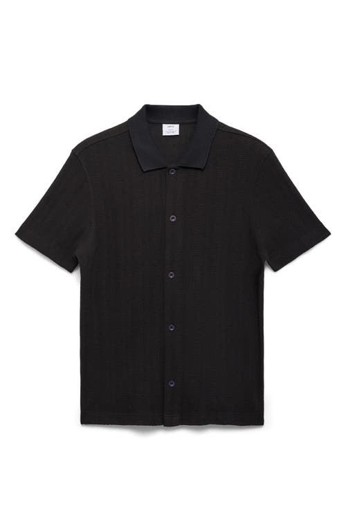 Mango Short Sleeve Structured Knit Button-up Shirt In Black