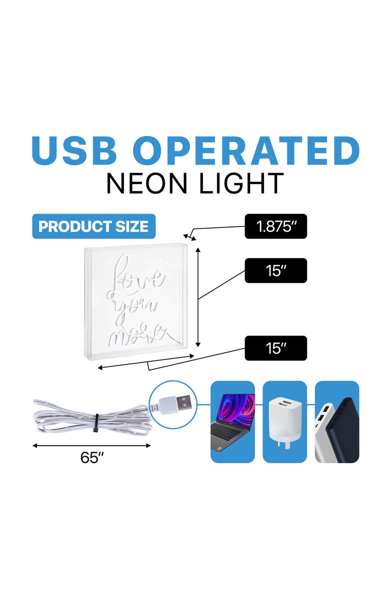 JONATHAN Y Love Square Contemporary Glam Acrylic Box USB Operated LED Neon Light, Alternate, color, White