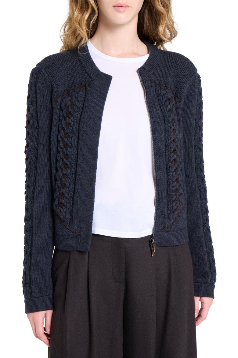 Suede Detail Wool Cable Cardigan, Alternate, color, CHARCOAL