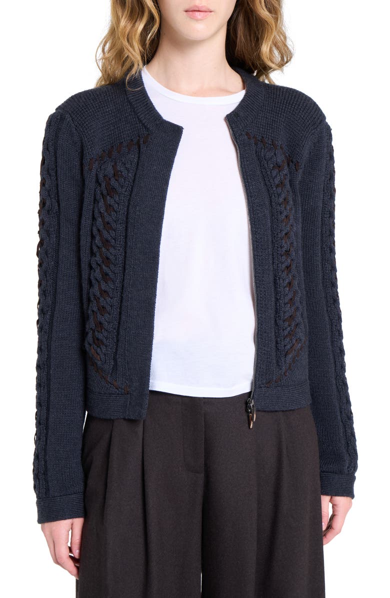 TWP Suede Detail Wool Cable Cardigan, Alternate, color, Charcoal