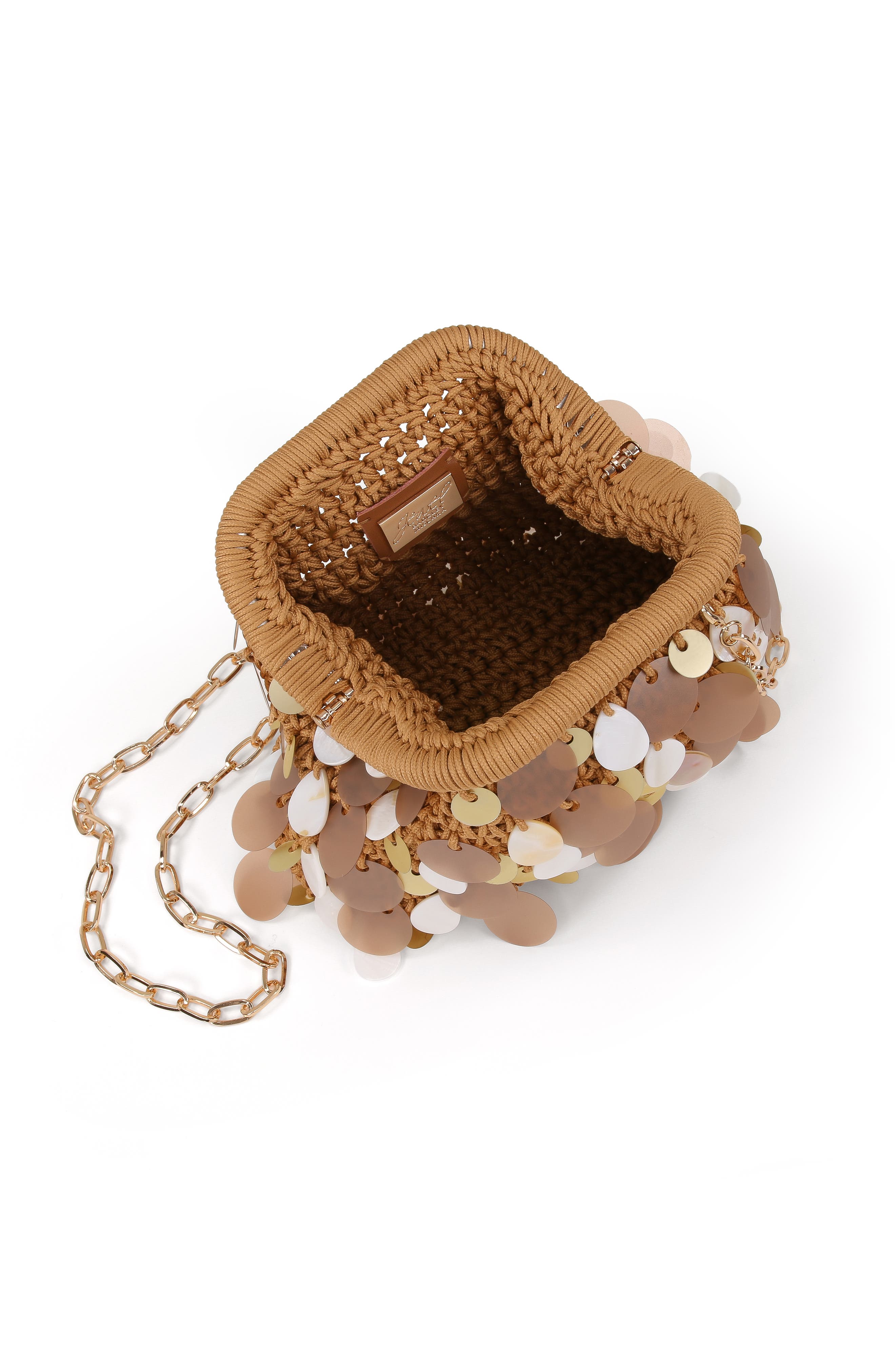 Jewel Badgley Mischka Marigold Crochet Corded Pouch Clutch w. Payette, Alternate, color, Gold