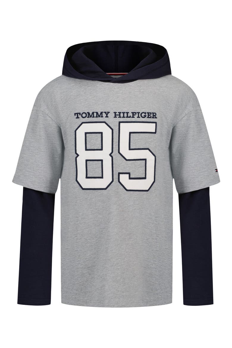 Kids' 85 Graphic Hooded Layered T-Shirt, Main, color, GREY HTHR
