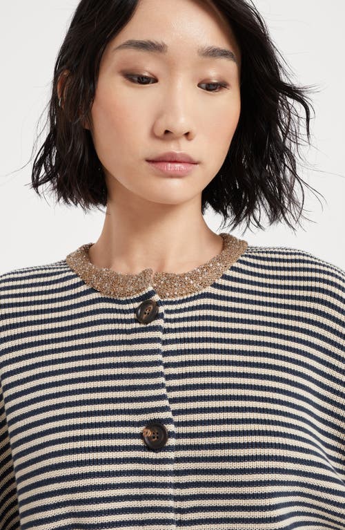 Brunello Cucinelli Dazzling Striped Short Sleeve Cropped Cardigan In Blue