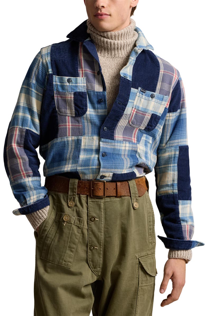 Polo Ralph Lauren Plaid & Corduroy Patchwork Long Sleeve Camp Shirt, Main, color, 