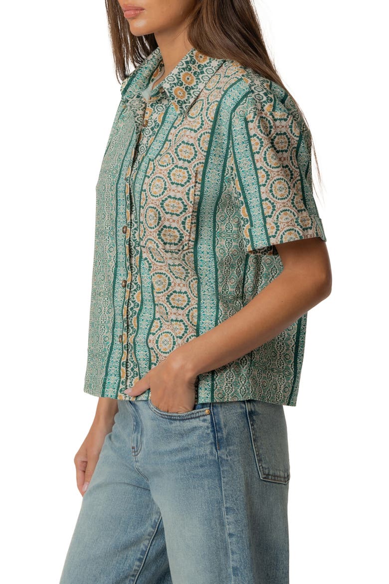 Aida Stretch Cotton Blend Short Sleeve Button-Up Top, Alternate, color, CANTERBURY-JUNGLE/ SAND