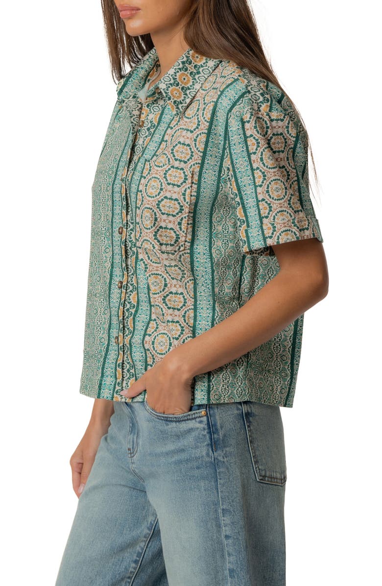 KUT from the Kloth Aida Stretch Cotton Blend Short Sleeve Button-Up Top, Alternate, color, Canterbury-Jungle/ Sand