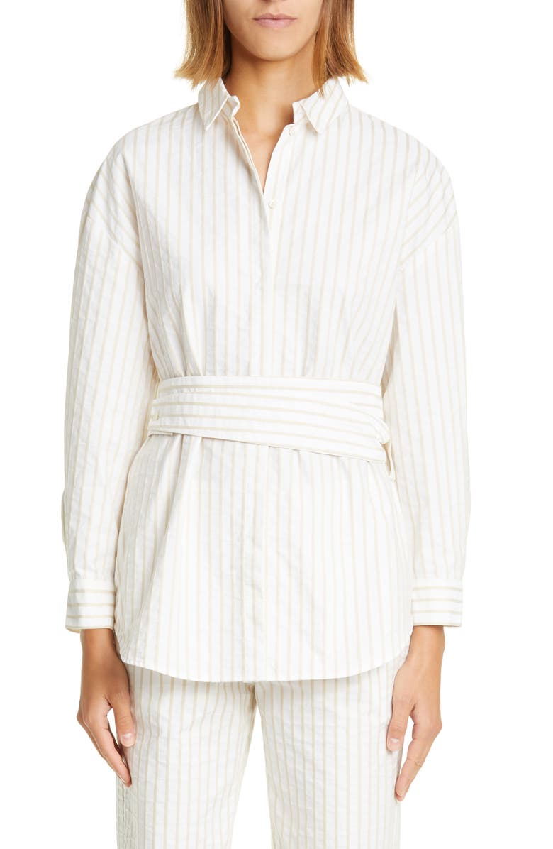 Fabiana Filippi Belted Pinstripe Button-Up Shirt, Main, color,