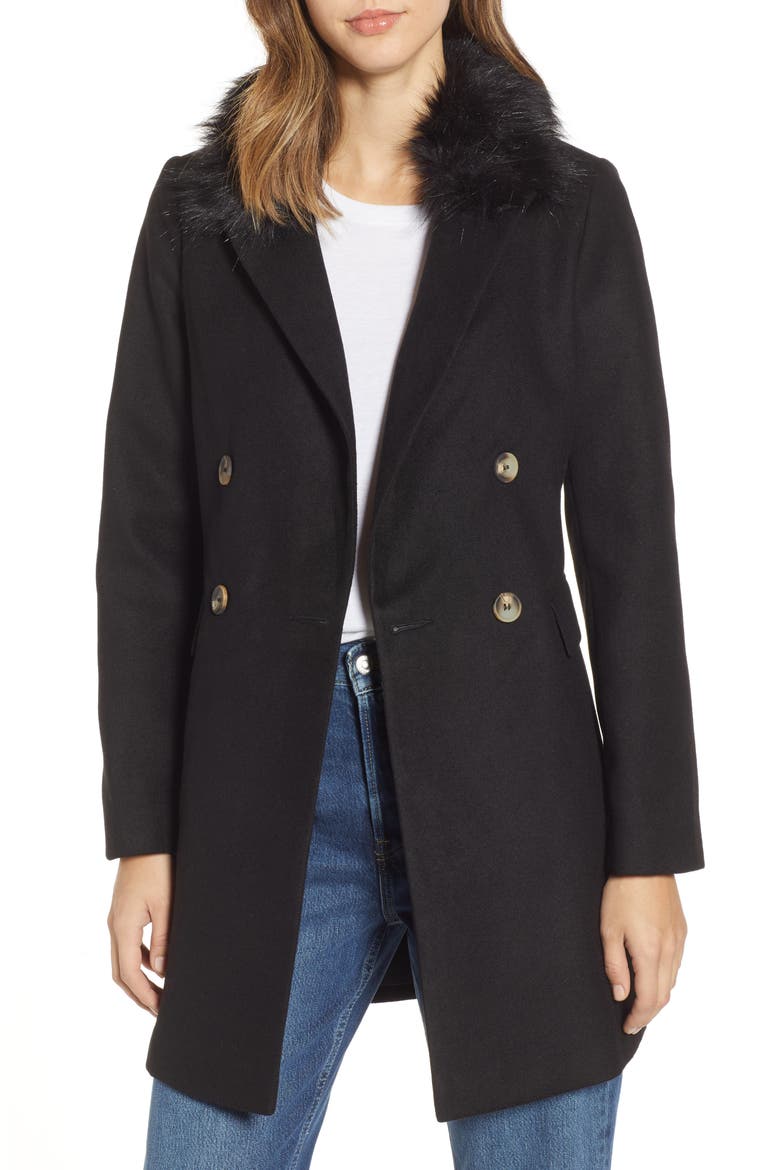 Naomi Faux Fur Collar Coat, Main, color, BLACK
