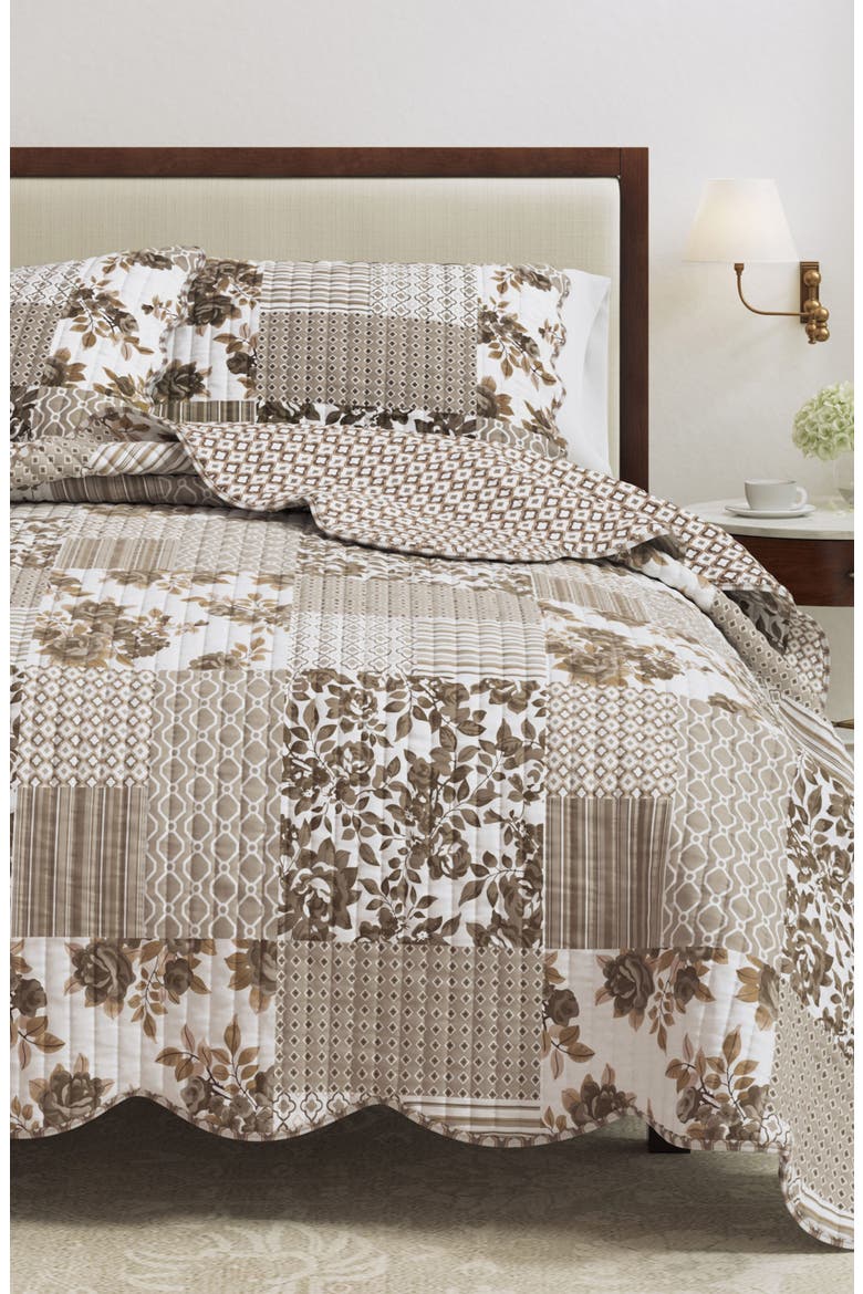 Langdon Scalloped Quilt 3-Piece Set, Alternate, color, LANGDON PATCHWORK TAUPE