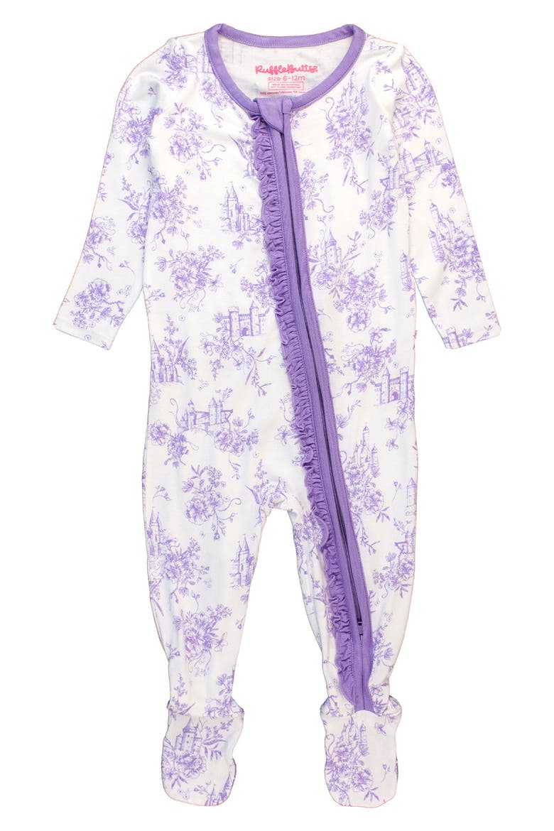 Castle Toile Ruffle Convertible Zip Footie, Main, color, WHITE/PURPLE
