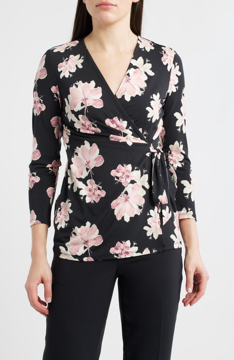 Anne Klein Floral Print Wrap Top, Main, color, Anne Black Multi