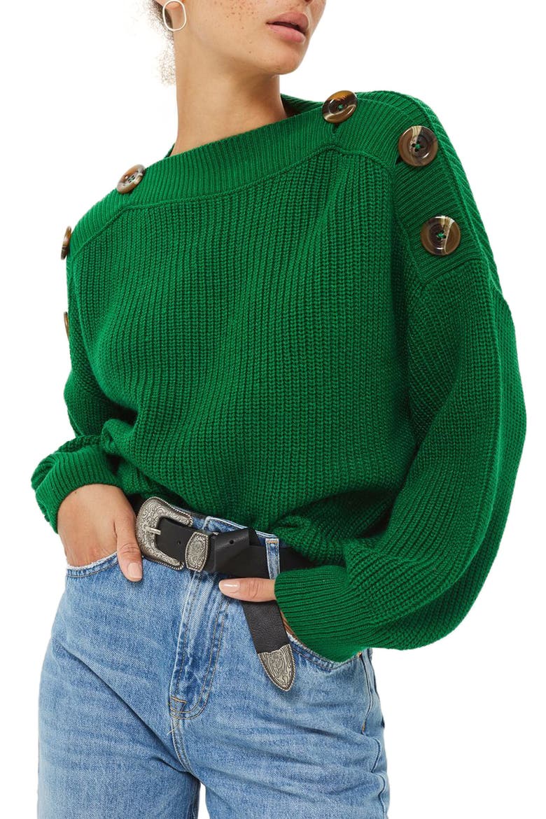 Button Slash Knit Sweater, Main, color, GREEN