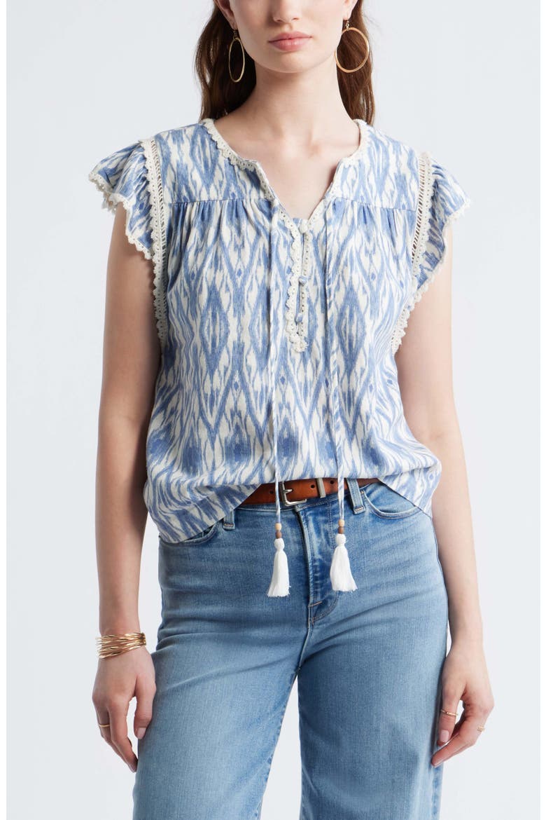 Crochet Trim Linen Blend Top, Main, color, IVORY- BLUE DIAMOND IKAT