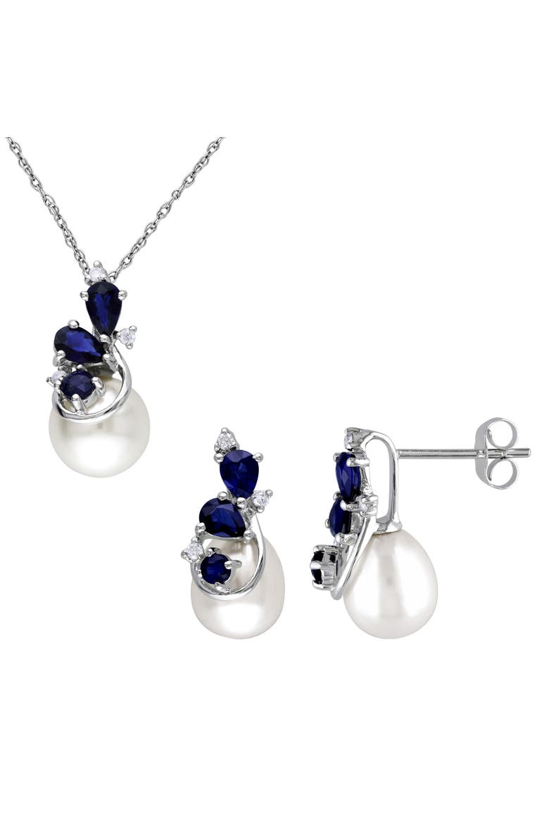 2-Piece Set Pearl Sapphire Necklace & Earrings 10k, Main, color, Freshwater Pearl