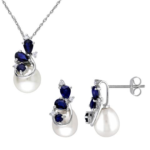 2-Piece Set Pearl Sapphire Necklace & Earrings 10k