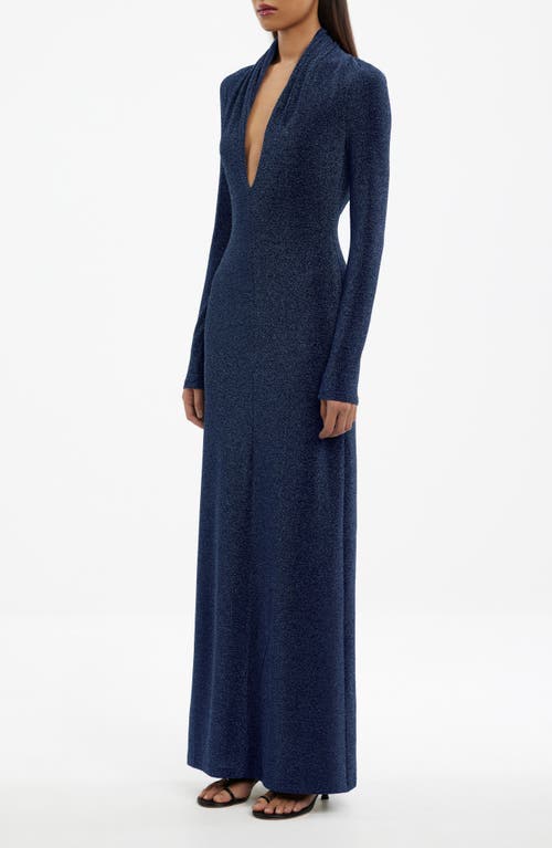 Significant Other Selena Metallic Plunge Long Sleeve Open Back Jersey Gown In Blue