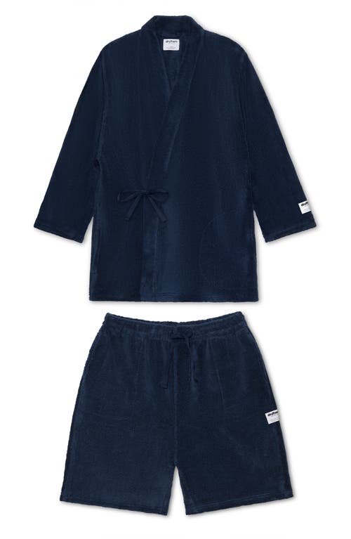 Druthers Nyc Organic Cotton Extra Plush Kimono Robe Set In Dark Navy