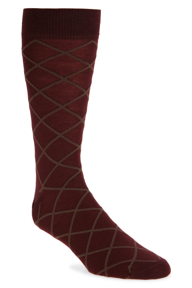 Diamond Pattern Wool Blend Dress Socks, Main, color, BURGUNDY