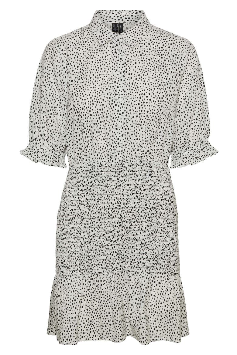 Smocked Shirtdress, Alternate, color, SNOW WHITE AOP BLACK DOTS