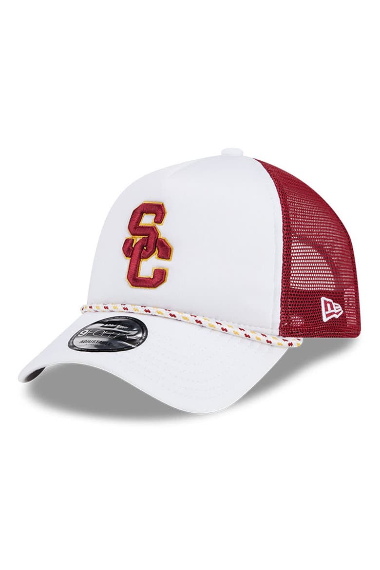 Men's New Era White/Cardinal USC Trojans Court Sport Foam A-Frame 9FORTY Adjustable Trucker Hat, Main, color, White