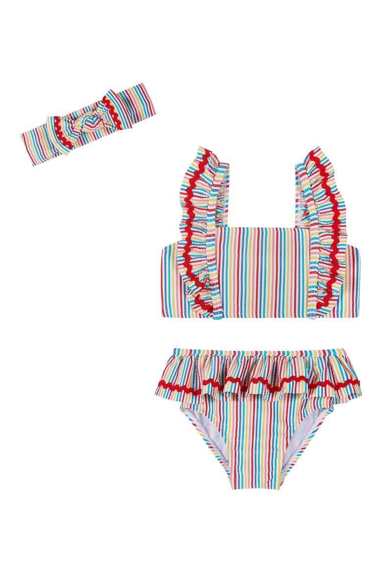 Three-Piece Ruffle Trim Bikini & Headband Set, Main, color, RAINBOW