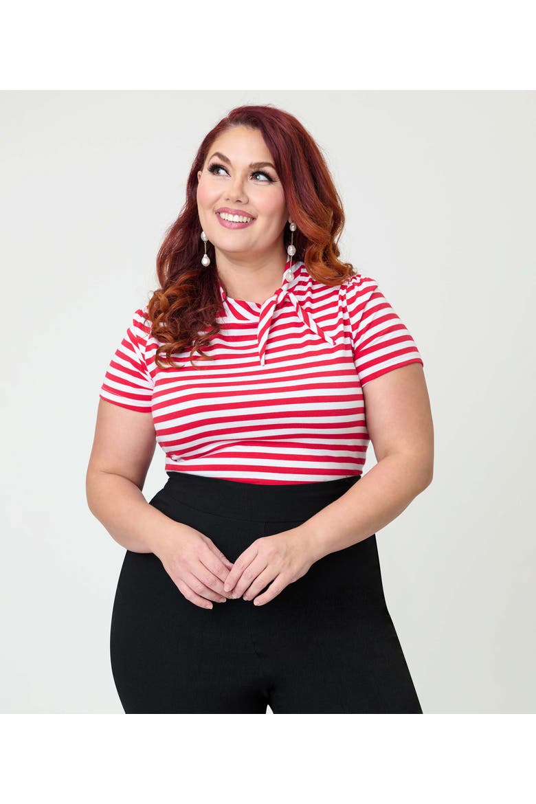 Plus Size Short Sleeve Tie Neck Sweetie Knit Top, Alternate, color, White & Red Stripe