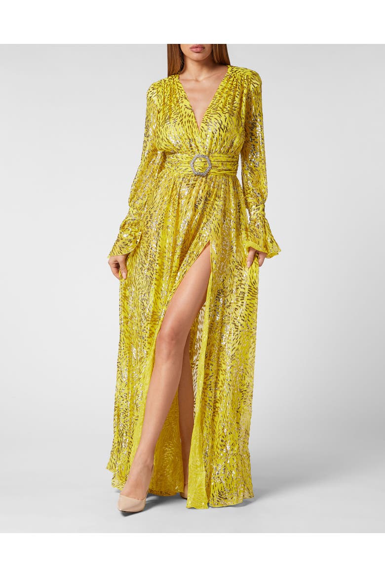 Gold Lurex Long Dress Women, Main, color, yellowfluo
