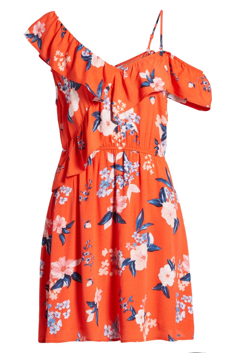 Cordetta Floral Asymmetrical Ruffle Dress, Alternate, color, POPPY RED