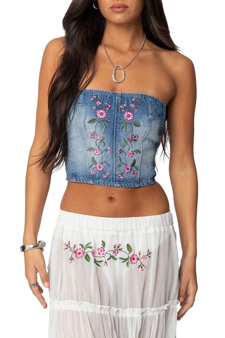 Tula Floral Embroidered Strapless Denim Corset Top, Main, color, BLUE