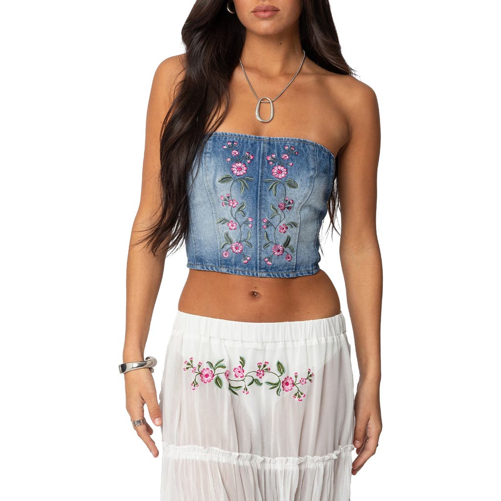 Edikted Tula Floral Embroidered Strapless Denim Corset Top In Blue