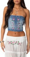 EDIKTED Tula Floral Embroidered Strapless Denim Corset Top