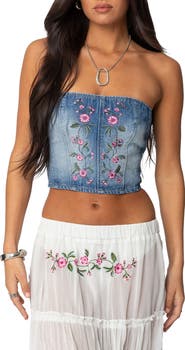 EDIKTED Tula Floral Embroidered Strapless Denim Corset Top