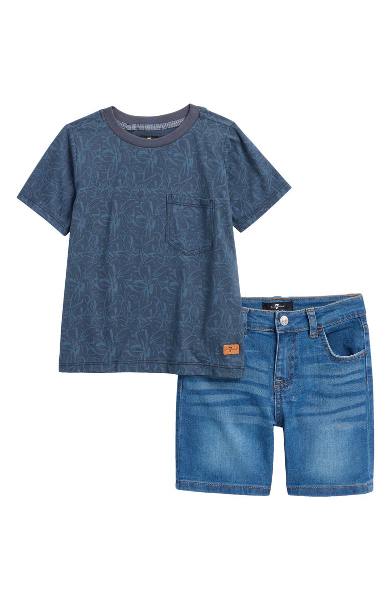7 For All Mankind Kids' Floral Pocket T-Shirt & Denim Shorts Set, Main, color, 