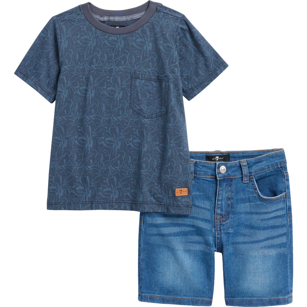 7 For All Mankind Kids' Floral Pocket T-shirt & Denim Shorts Set In Navy