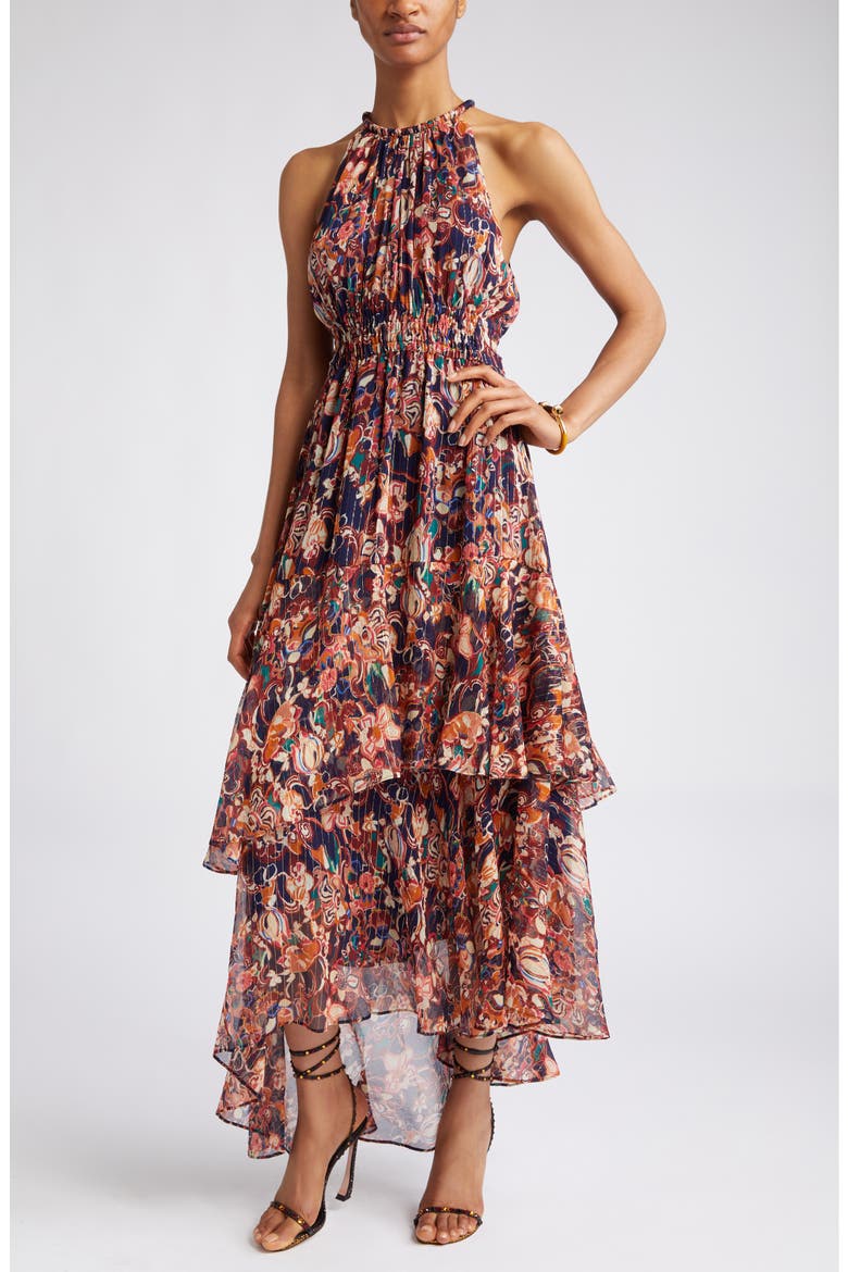 Elaine Tiered Silk Blend Dress, Alternate, color, PORT WINE MULTI