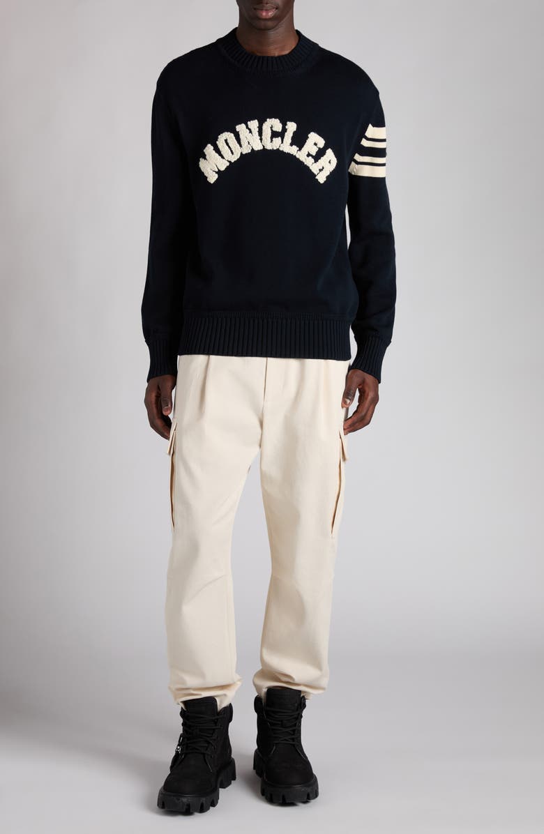 Moncler Logo Embellished Cotton Sweater, Alternate, color, Obsidian Blue