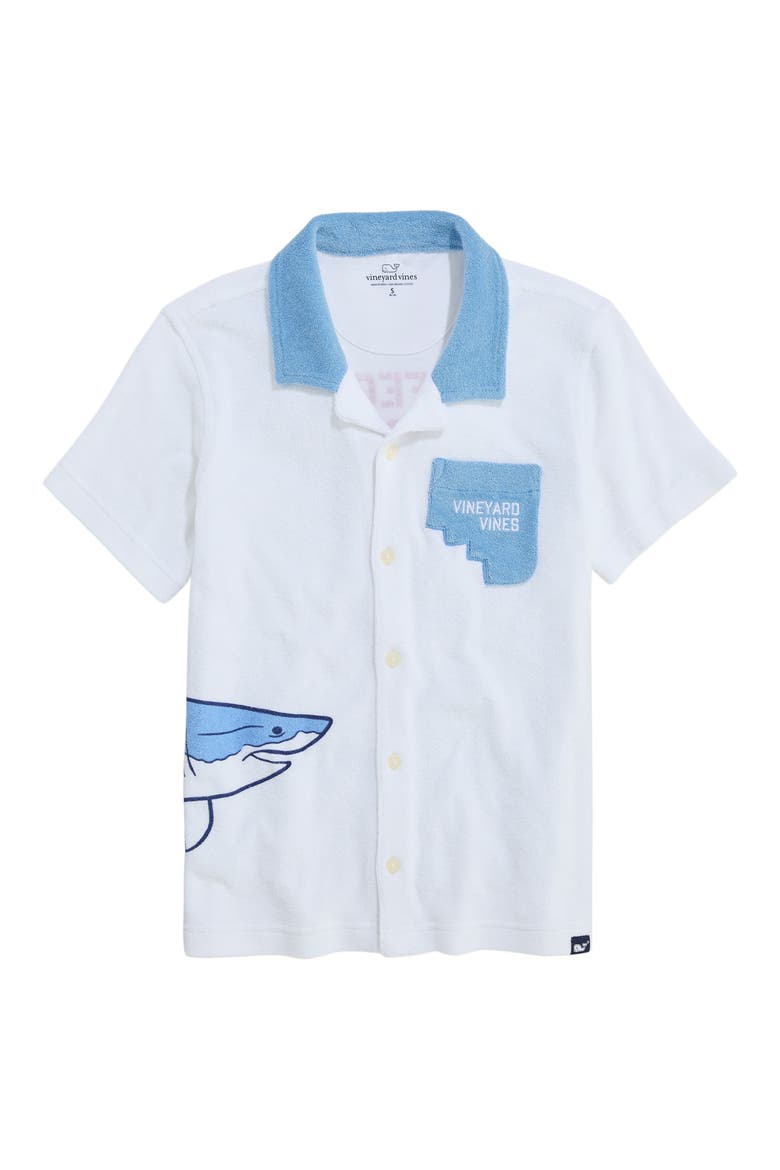 Kids' Shark Graphic Terry Trim Button-Up Shirt, Main, color, WHITE CAP