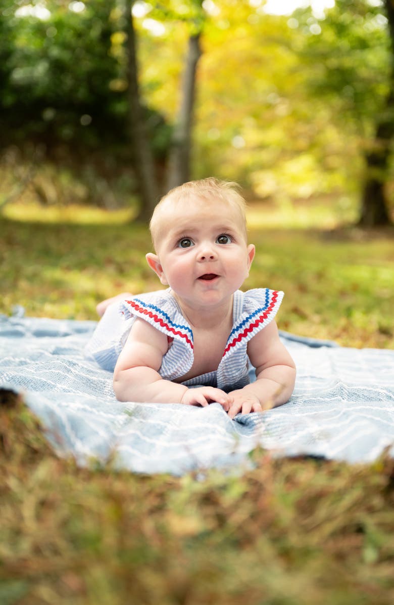 Magnetic Me Stripe Cotton Seersucker Romper, Alternate, color, Blue