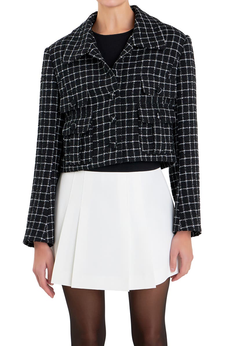 English Factory Windowpane Check Tweed Crop Blazer, Alternate, color, Black