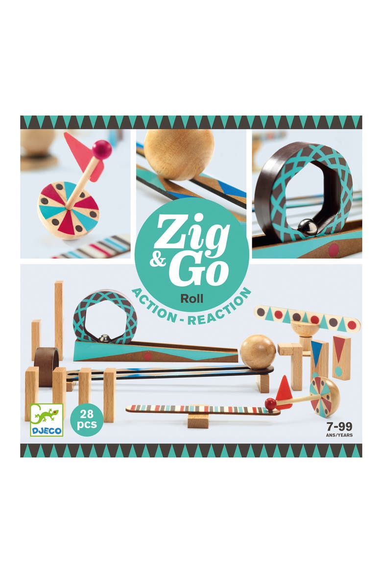 Zig N Go 29-Piece Chain Reaction Wooden Building Game, Main, color, MULTI