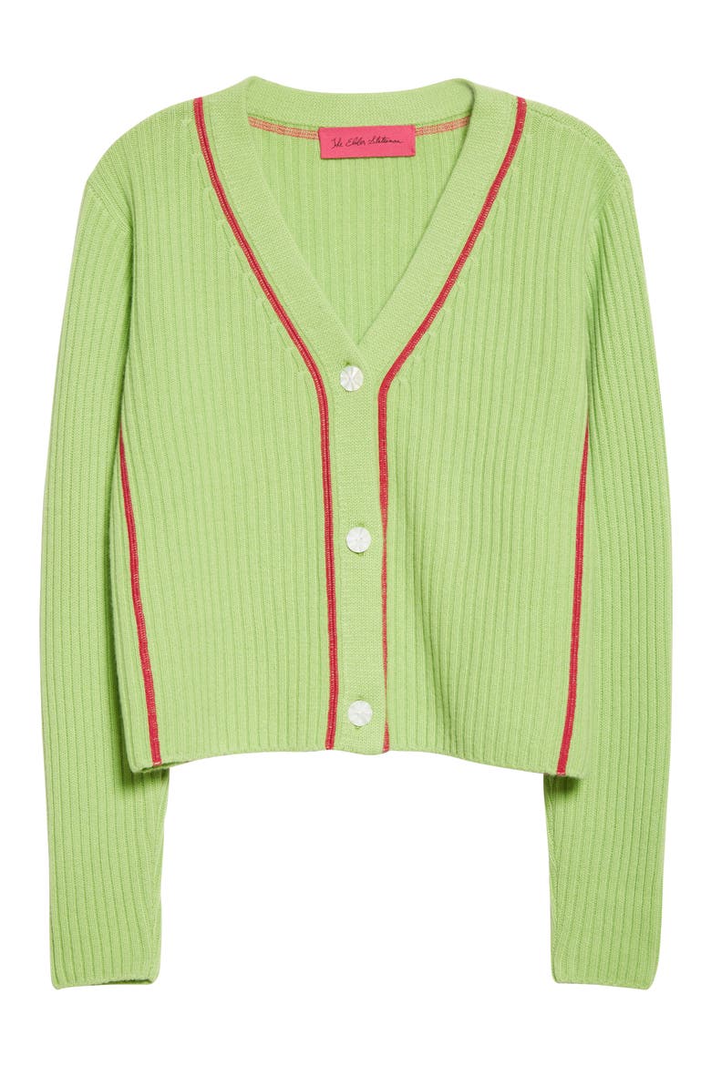 The Elder Statements Women's Rib Cashmere Cardigan, Alternate, color, CATERPILLAR W/ PETUNIA PINK