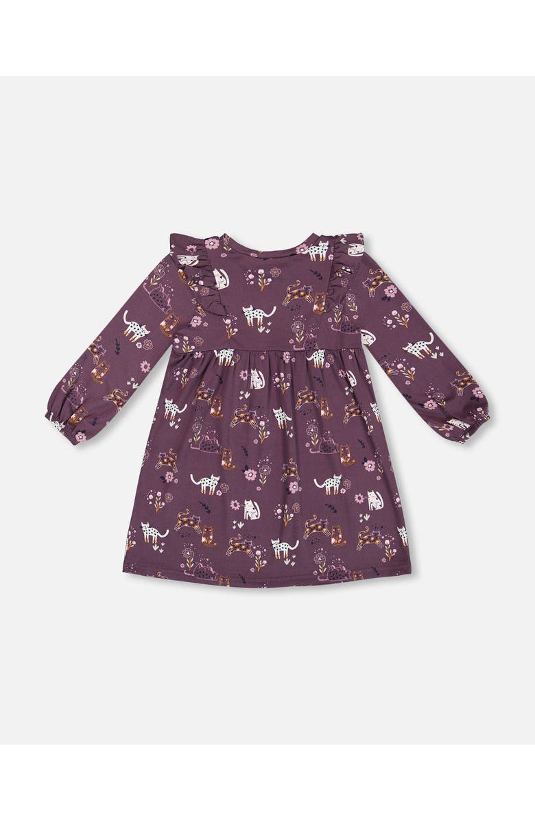 Deux par Deux Girl's Dress With Frills Mauve Printed Cats, Alternate, color,