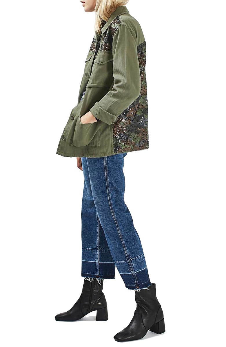 Topshop Camo Sequin Shirt Jacket, Alternate, color, 