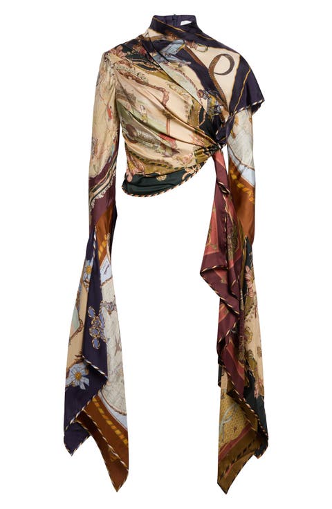 Valiant Print Draped Silk Twill Scarf Top