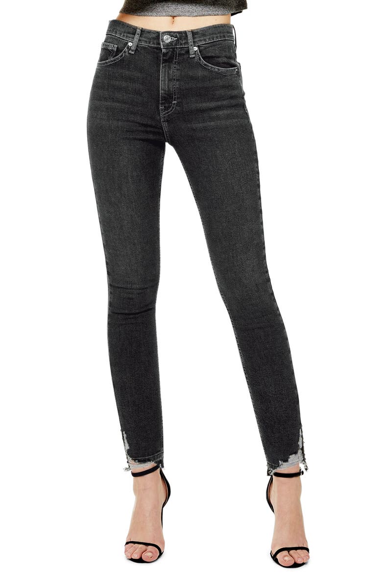 Jamie High Waist Ripped Hem Skinny Jeans, Main, color, WASHED BLACK