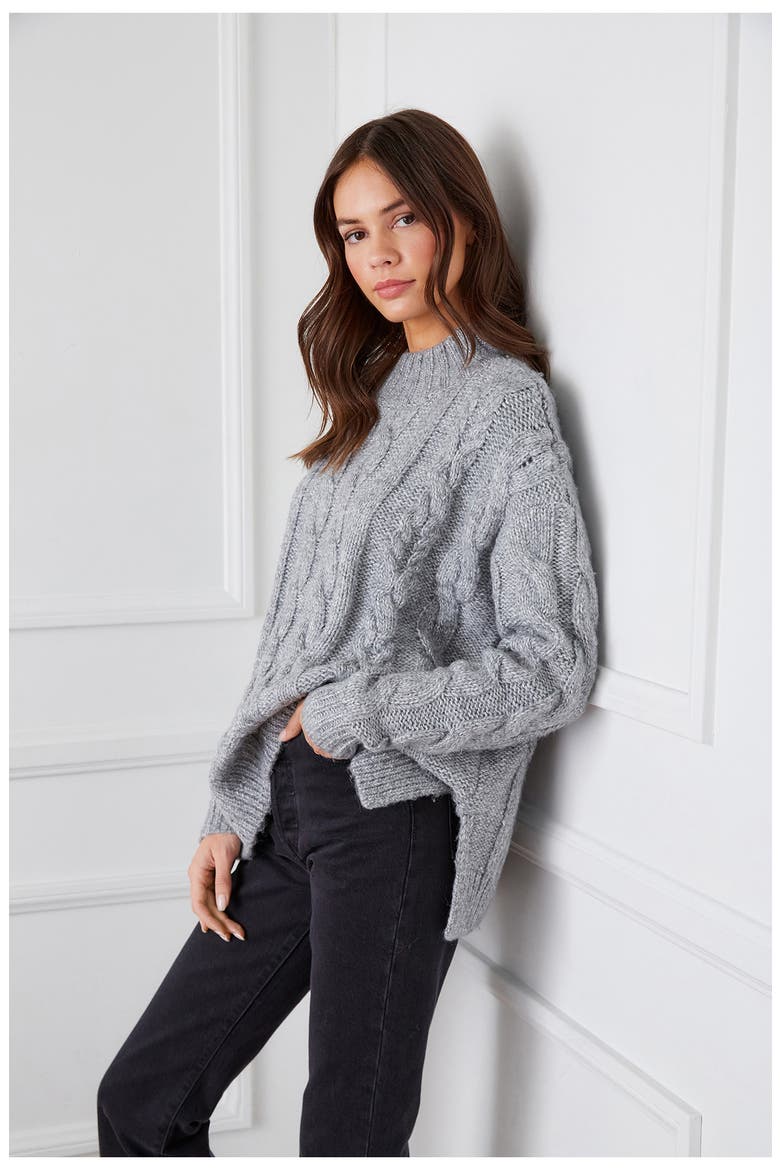 Oversize Cable Crewneck Sweater, Alternate, color, GRAY
