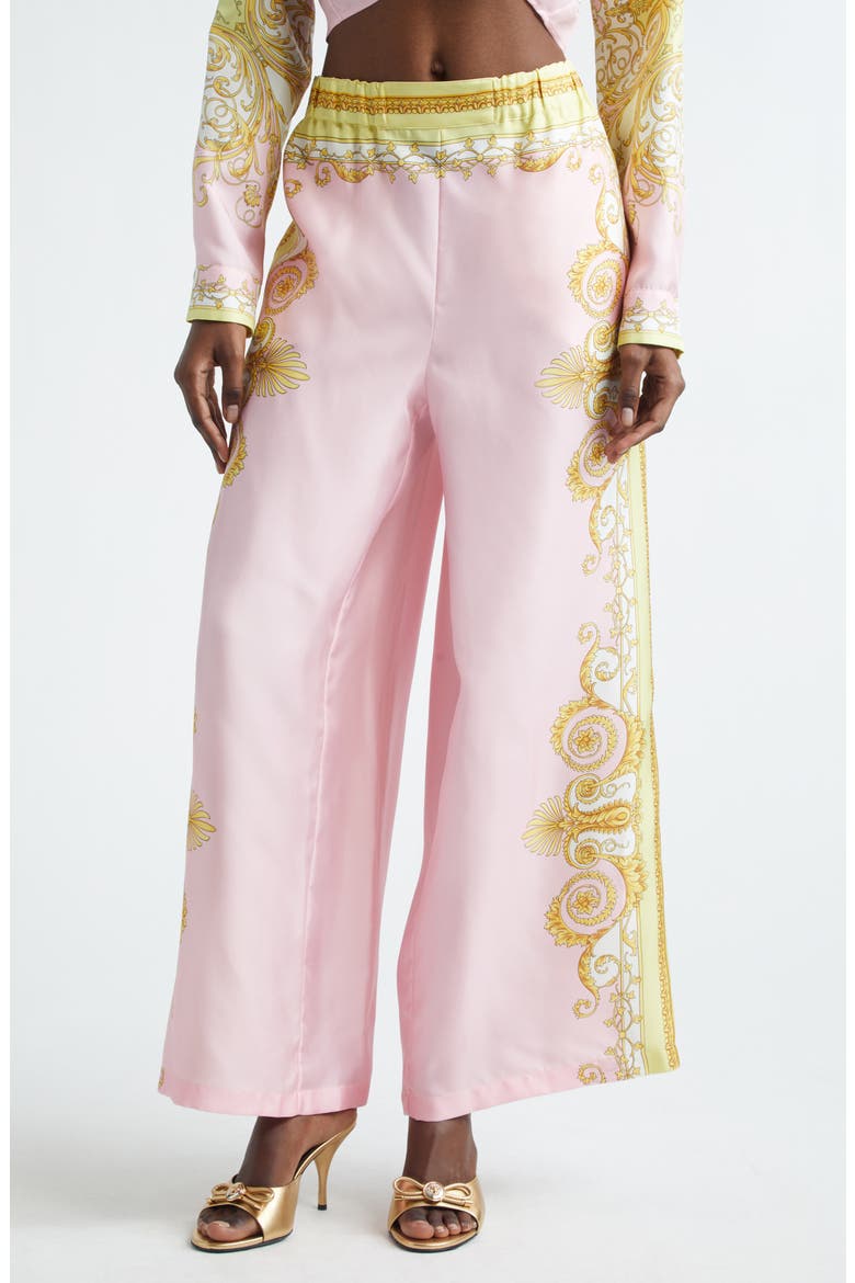 Barocco Print Wide Leg Silk Twill Pants, Main, color, PALE YELLOW ROSE QUARTZ