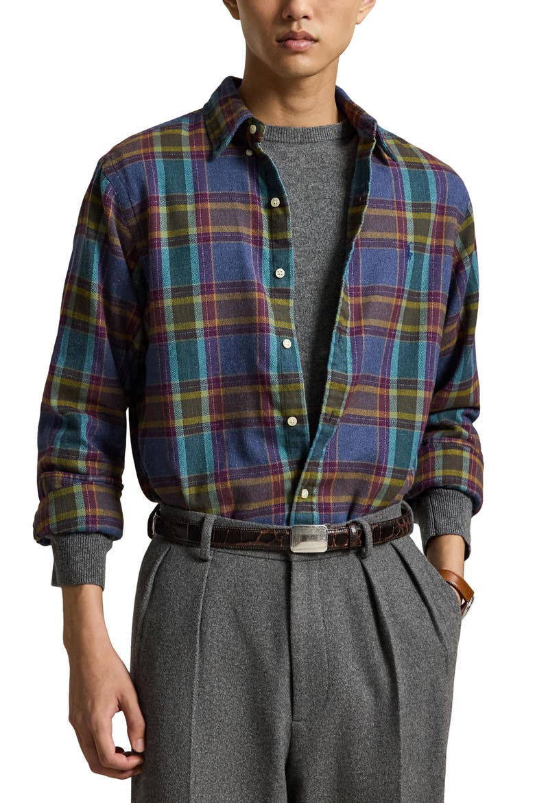 Plad Brushed Cotton Flannel Button-Down Shirt, Main, color, BLUE/ PRPL