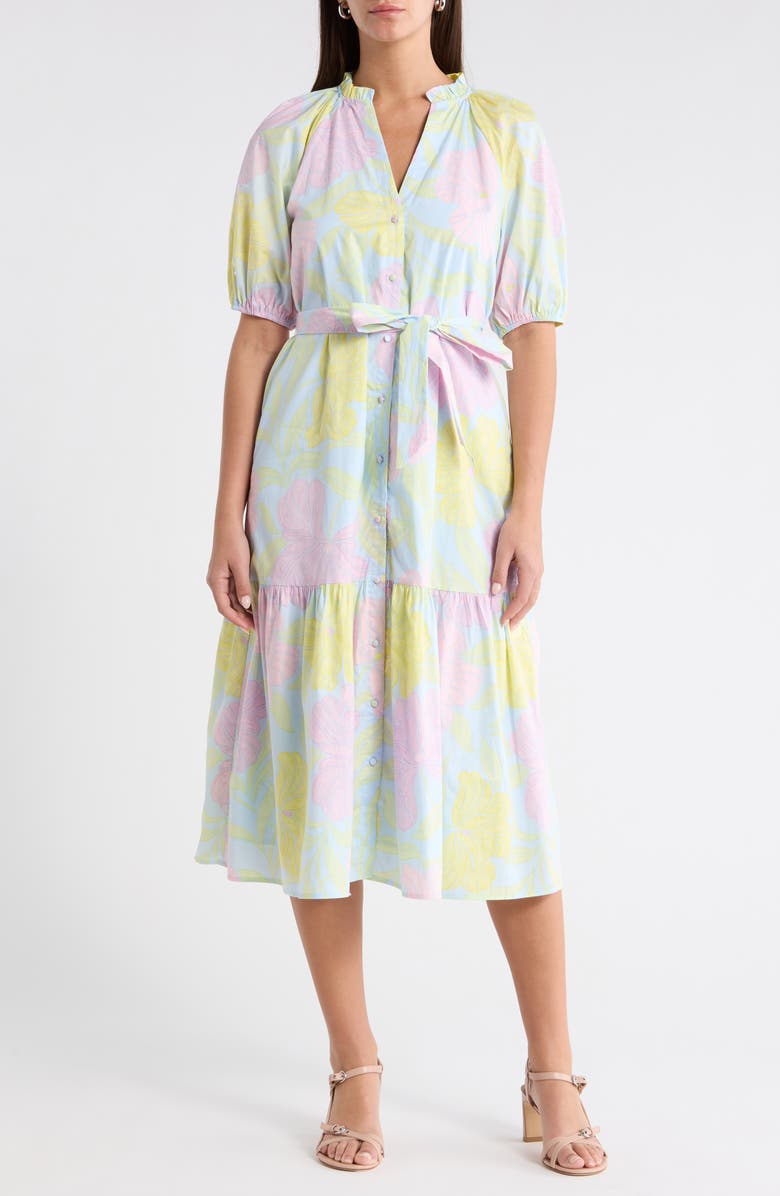 SUGARLIPS Brisa Floral Wynette Tiered Midi Dress, Main, color, Light-Blue-Pink